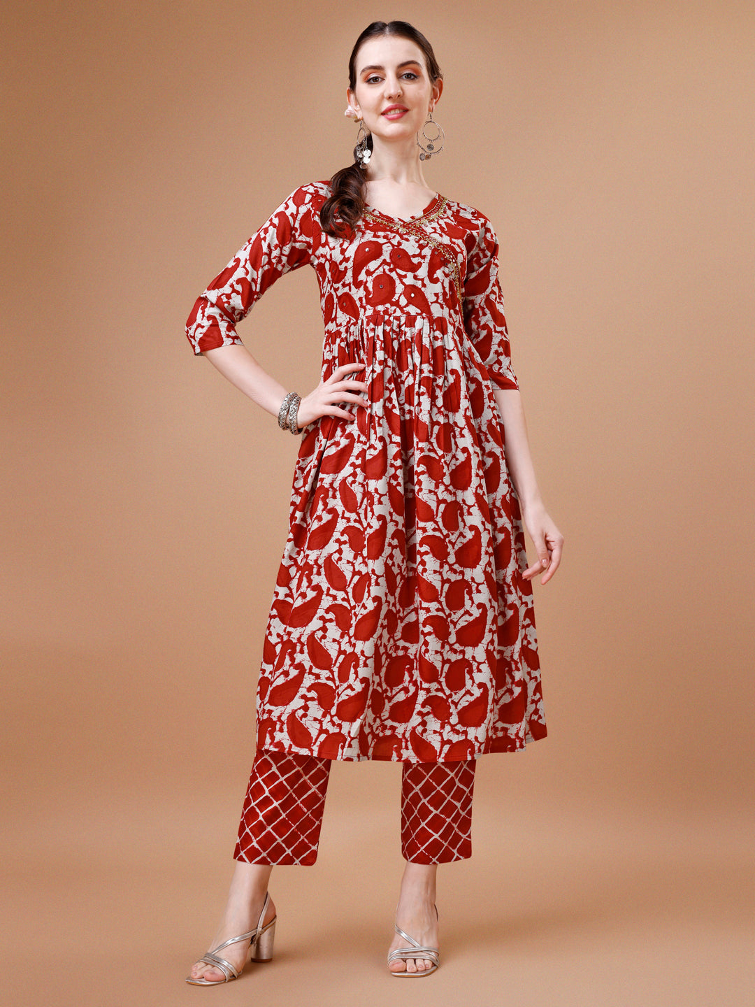 Embroidered Angrakha Style Printed & Flared Anarkali Kurta With Pant & Dupatta Set, Multicolor - Hiral Fashion