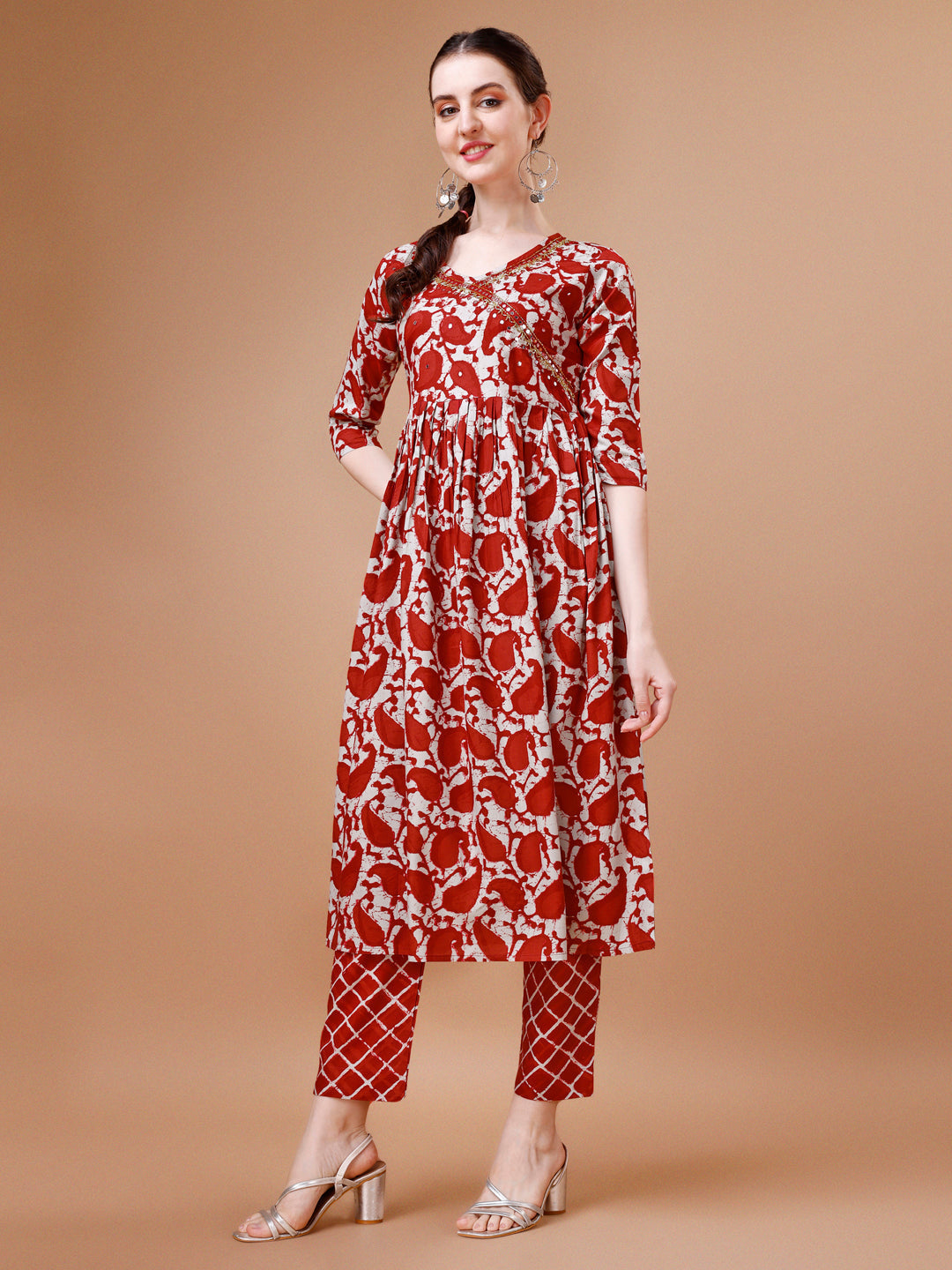 Embroidered Angrakha Style Printed & Flared Anarkali Kurta With Pant & Dupatta Set, Multicolor - Hiral Fashion
