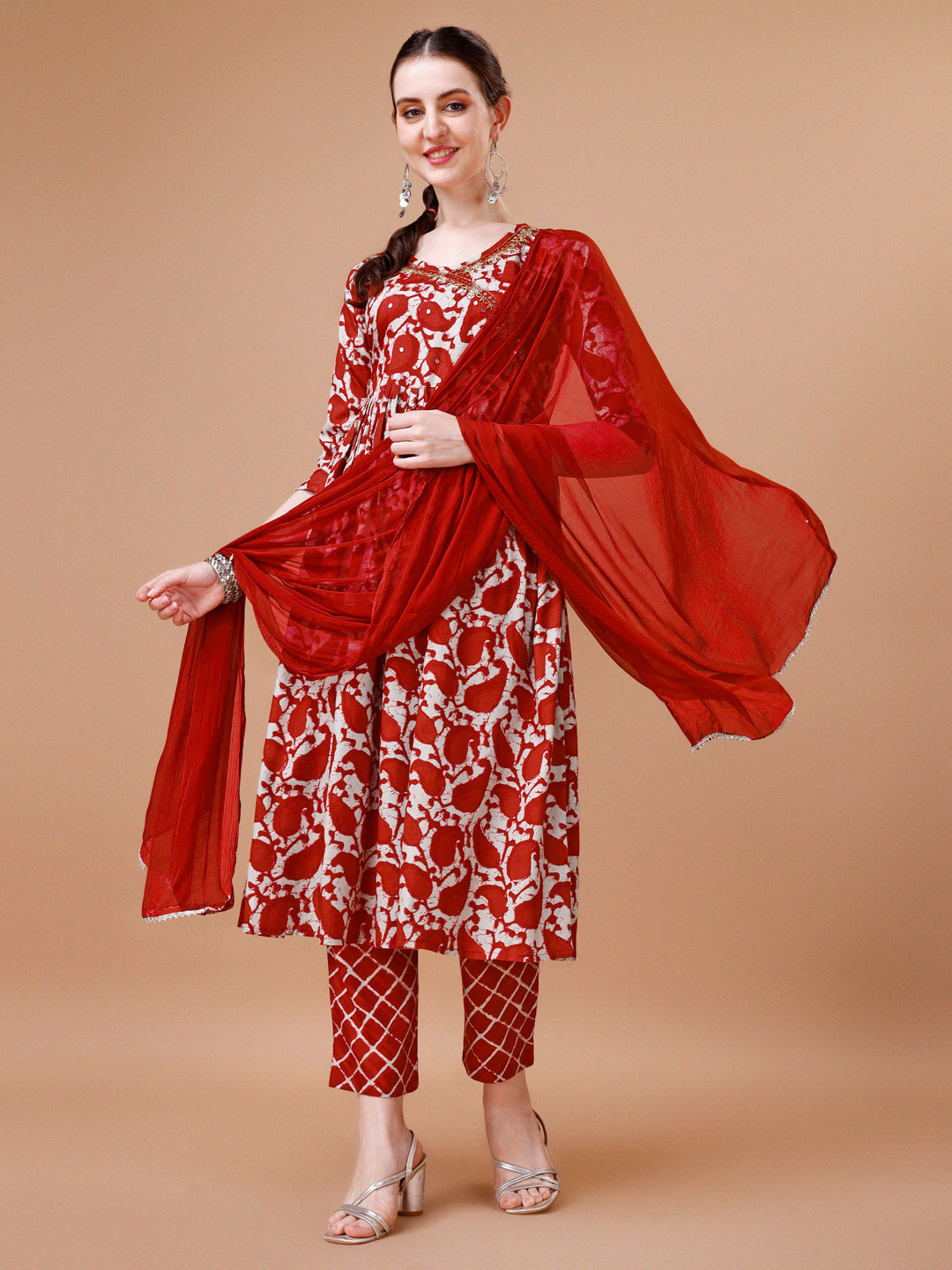 Embroidered Angrakha Style Printed & Flared Anarkali Kurta With Pant & Dupatta Set, Multicolor - Hiral Fashion