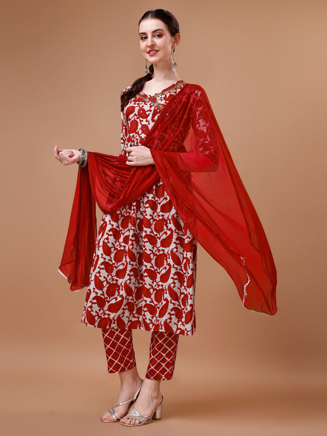 Embroidered Angrakha Style Printed & Flared Anarkali Kurta With Pant & Dupatta Set, Multicolor - Hiral Fashion