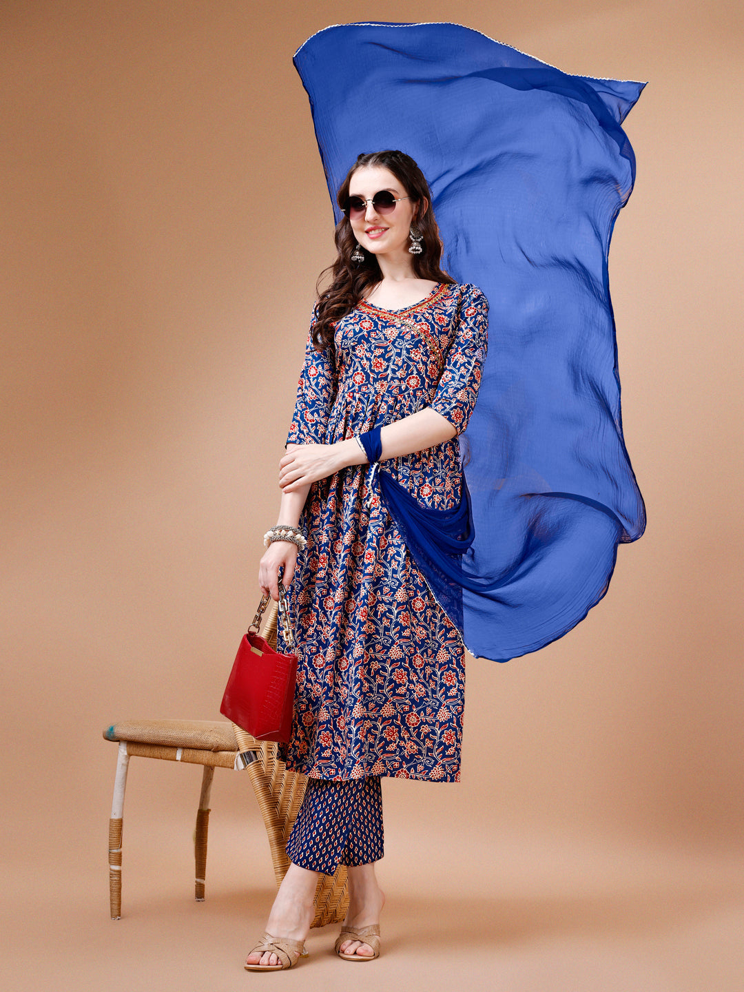Mirror Embroidered Angrakha Style Printed & Flared Anarkali Kurta With Pant & Dupatta Set, Multicolor - Hiral Fashion