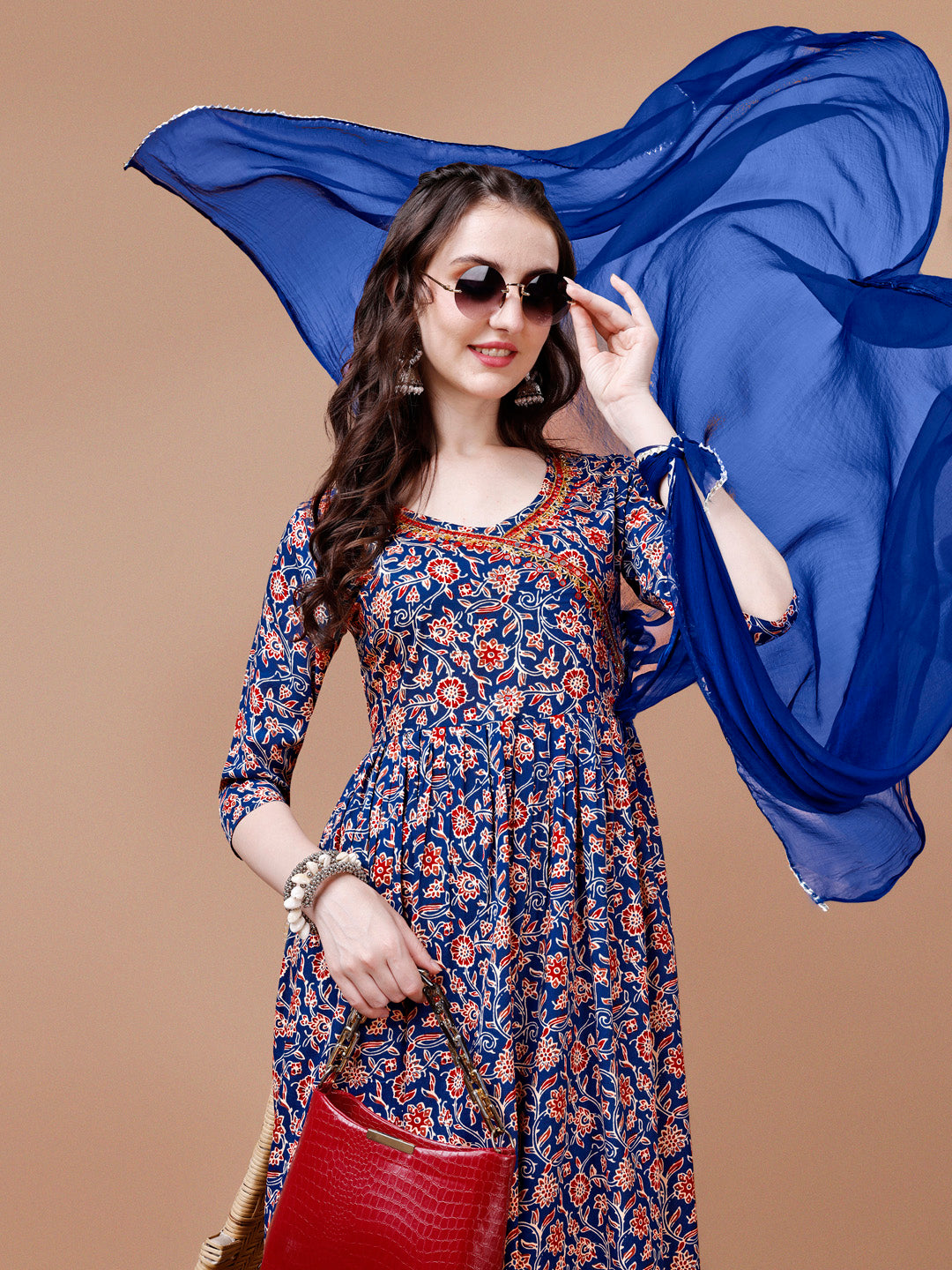 Mirror Embroidered Angrakha Style Printed & Flared Anarkali Kurta With Pant & Dupatta Set, Multicolor - Hiral Fashion