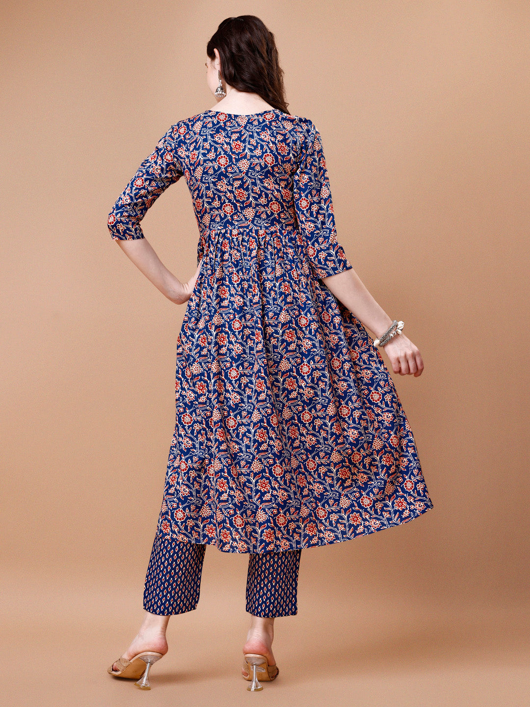 Mirror Embroidered Angrakha Style Printed & Flared Anarkali Kurta With Pant & Dupatta Set, Multicolor - Hiral Fashion