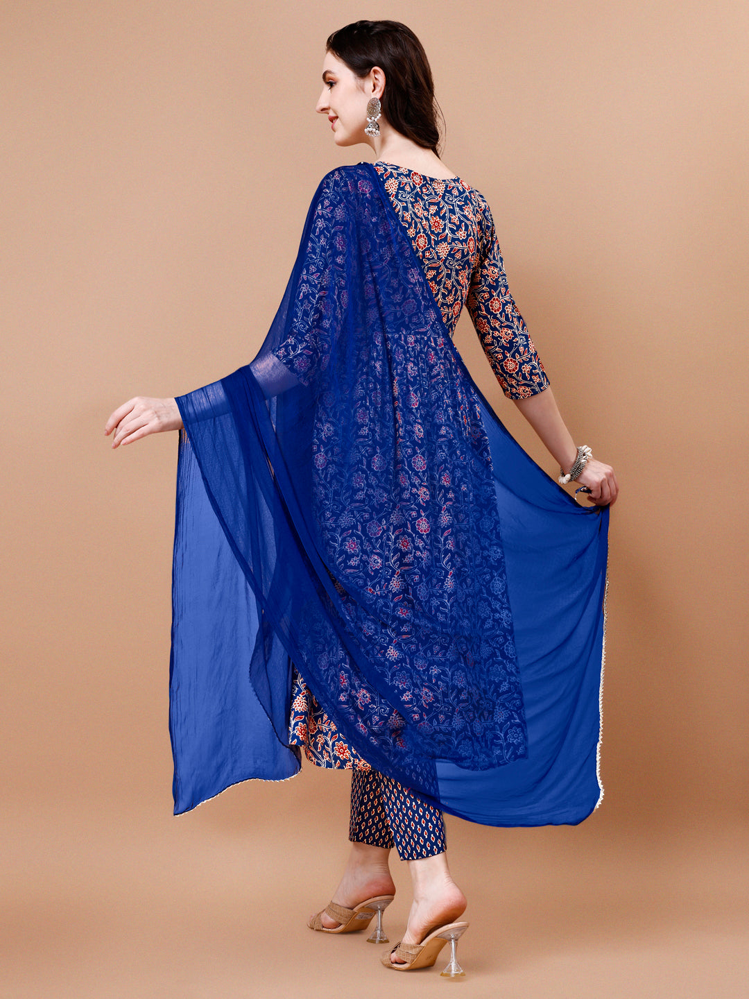 Mirror Embroidered Angrakha Style Printed & Flared Anarkali Kurta With Pant & Dupatta Set, Multicolor - Hiral Fashion