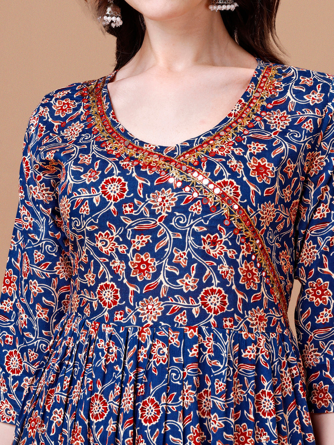Mirror Embroidered Angrakha Style Printed & Flared Anarkali Kurta With Pant & Dupatta Set, Multicolor - Hiral Fashion