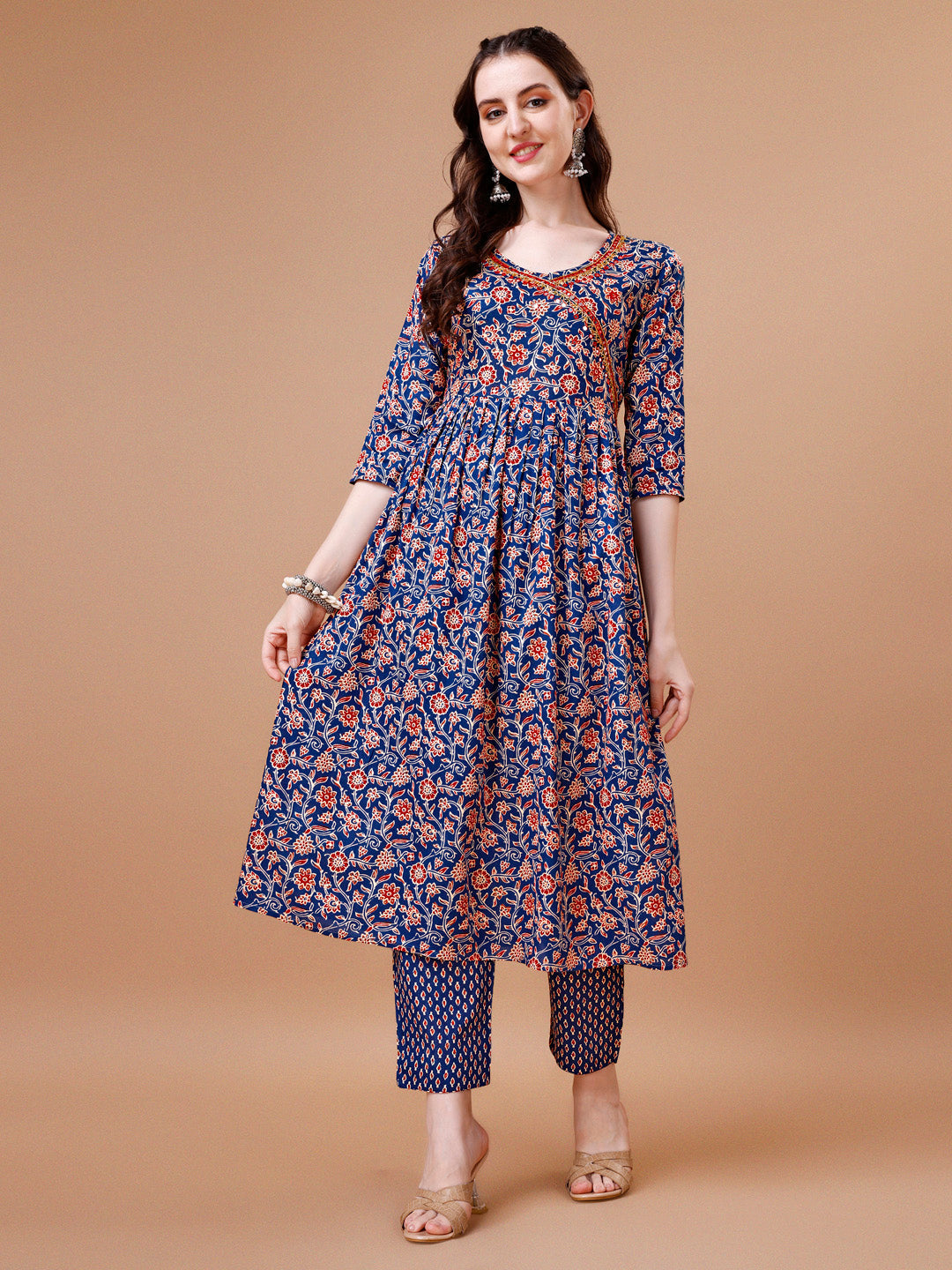 Mirror Embroidered Angrakha Style Printed & Flared Anarkali Kurta With Pant & Dupatta Set, Multicolor - Hiral Fashion
