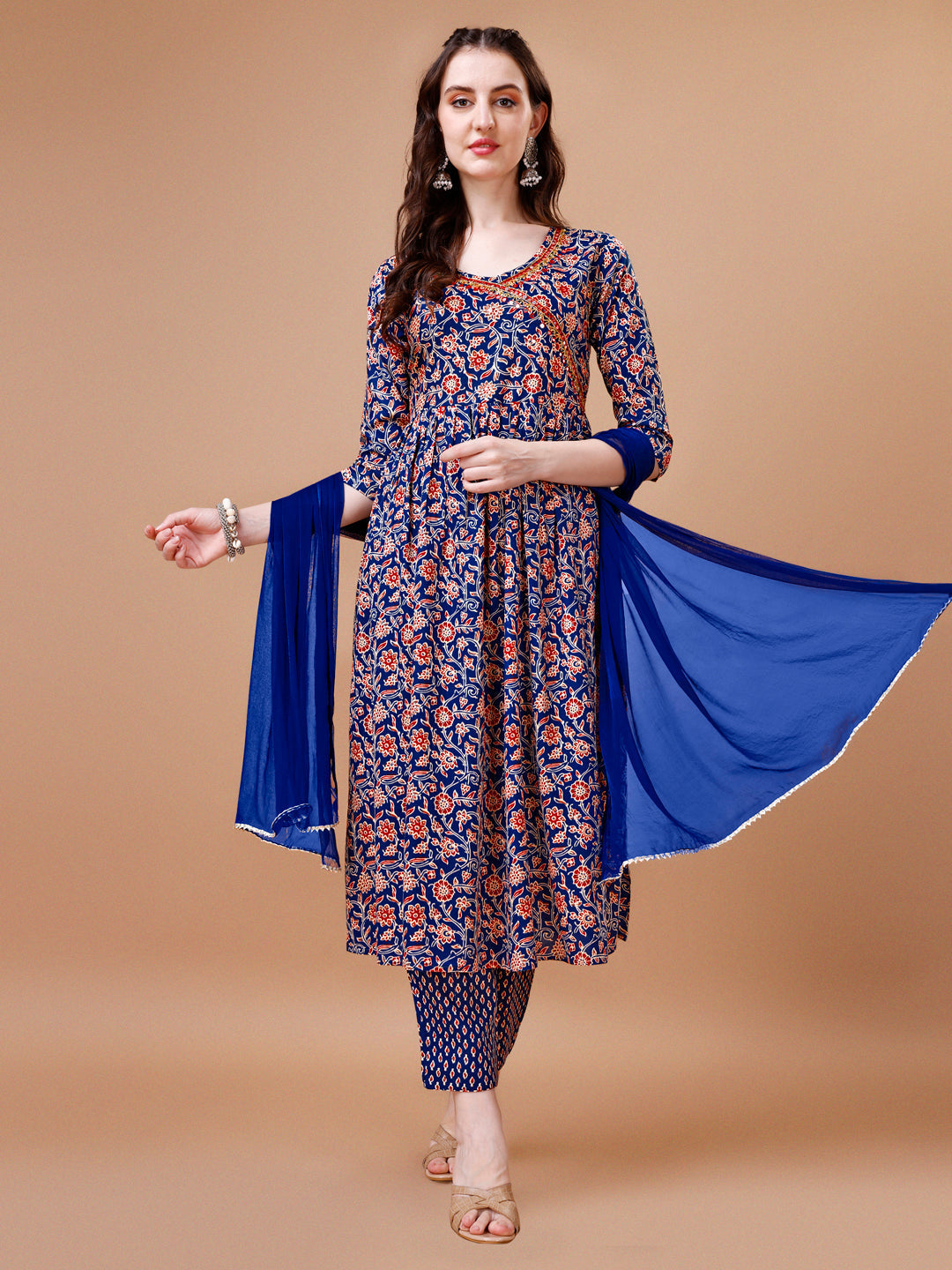 Mirror Embroidered Angrakha Style Printed & Flared Anarkali Kurta With Pant & Dupatta Set, Multicolor - Hiral Fashion