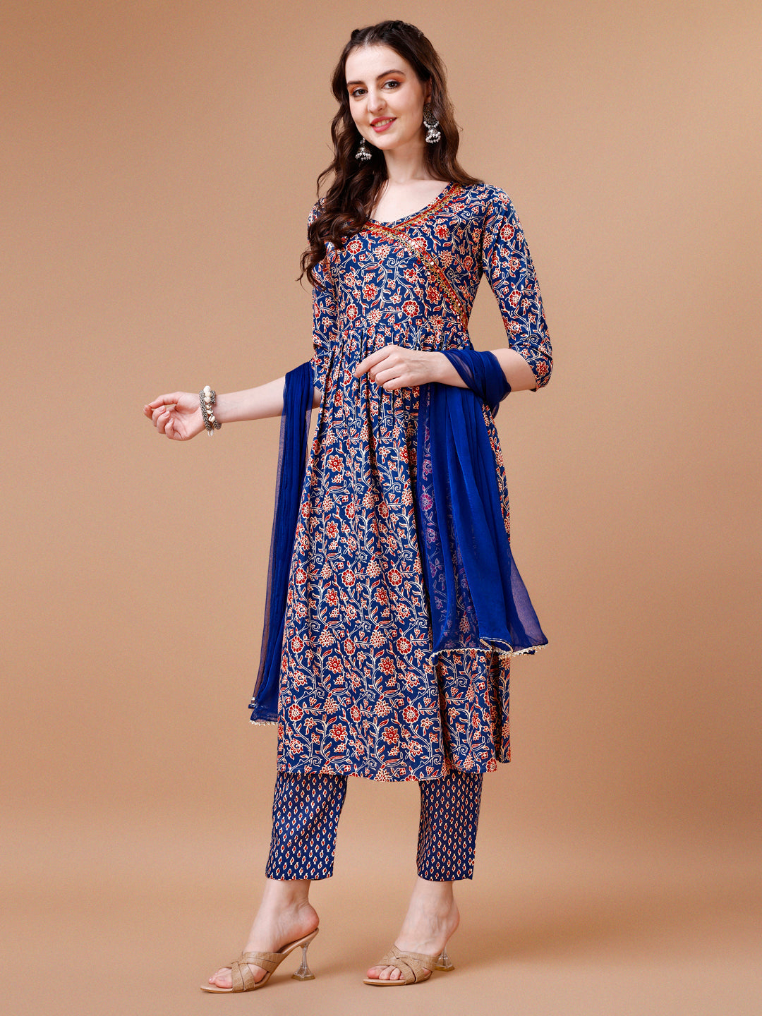 Mirror Embroidered Angrakha Style Printed & Flared Anarkali Kurta With Pant & Dupatta Set, Multicolor - Hiral Fashion