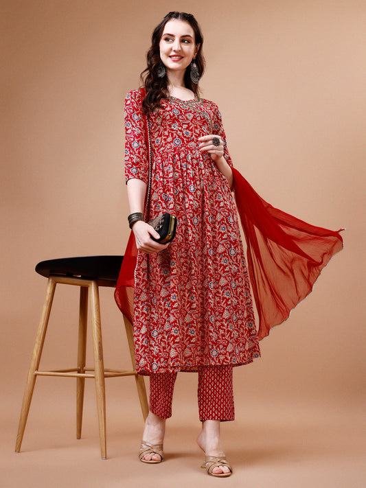 Mirror Embroidered Angrakha Style Printed & Flared Anarkali Kurta With Pant & Dupatta Set, Multicolor - Hiral Fashion