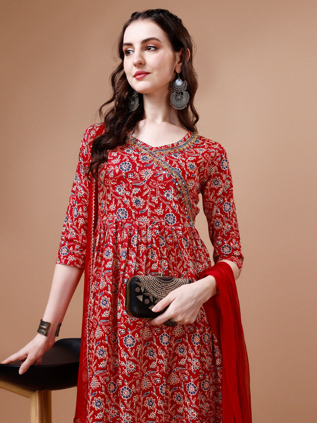 Mirror Embroidered Angrakha Style Printed & Flared Anarkali Kurta With Pant & Dupatta Set, Multicolor - Hiral Fashion