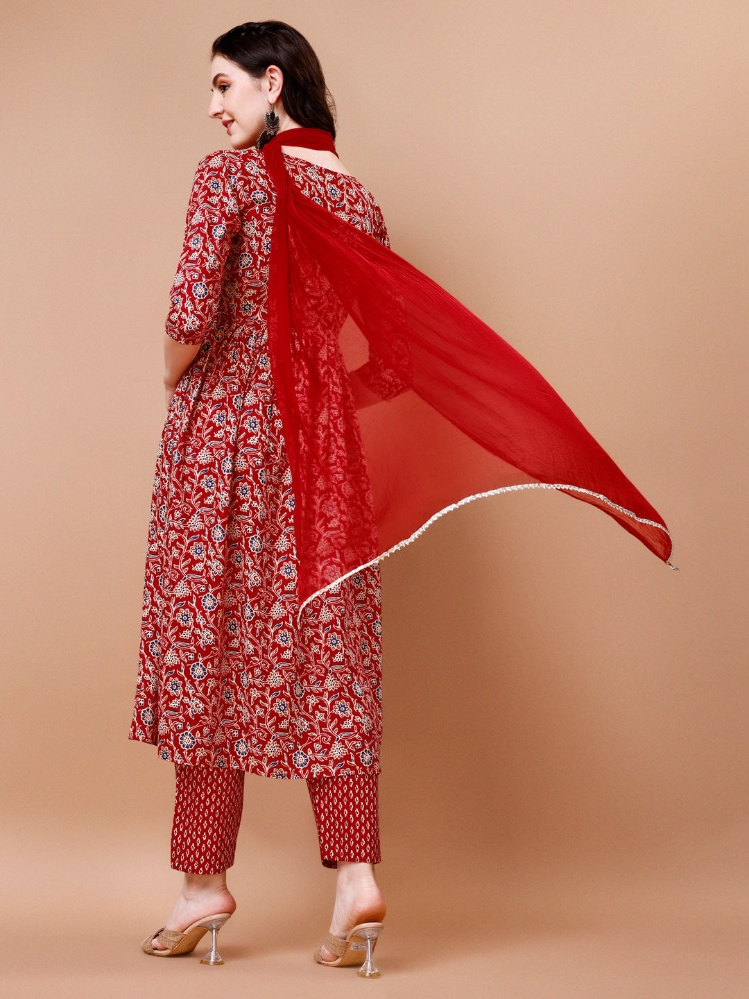 Mirror Embroidered Angrakha Style Printed & Flared Anarkali Kurta With Pant & Dupatta Set, Multicolor - Hiral Fashion