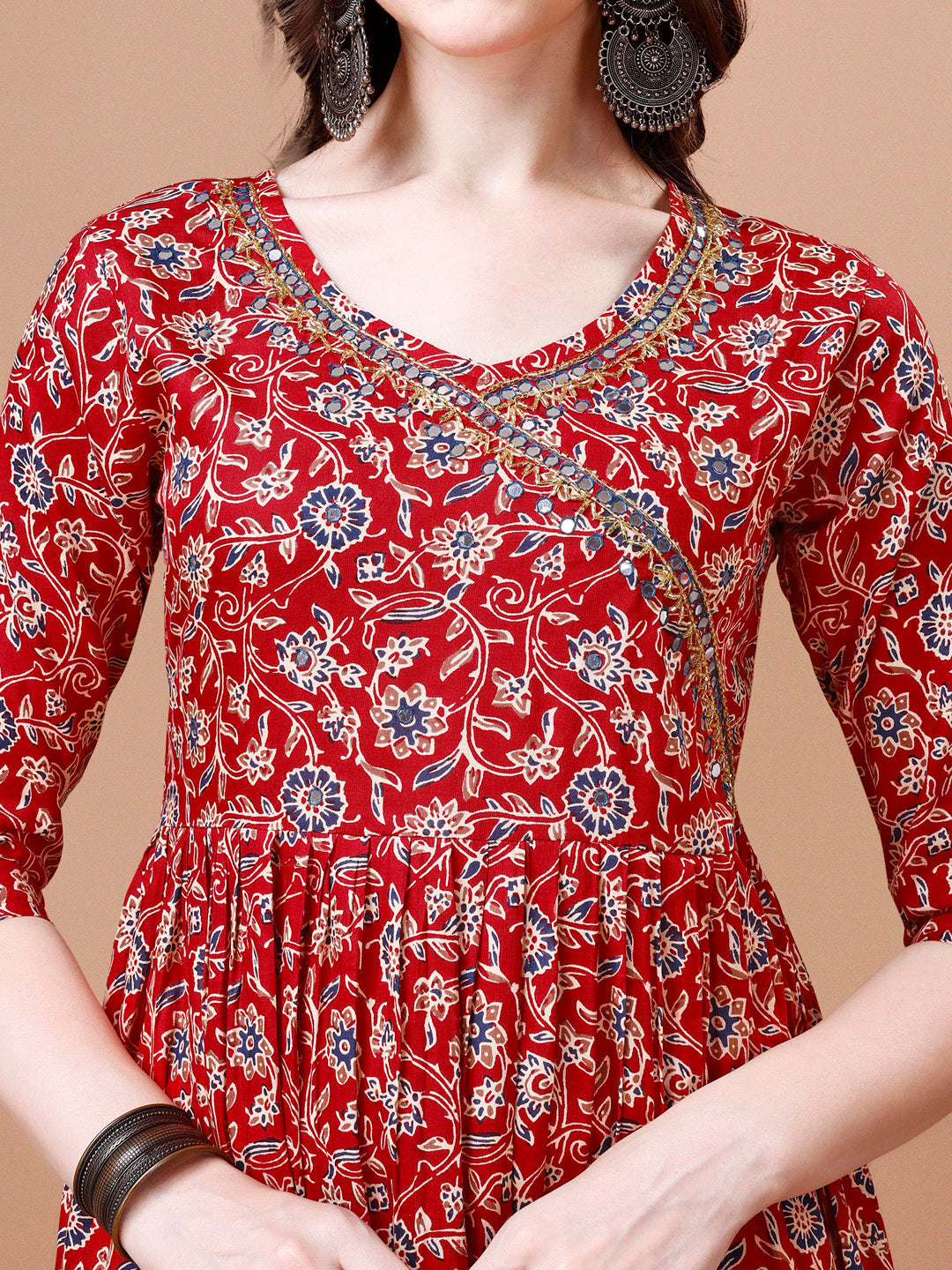 Mirror Embroidered Angrakha Style Printed & Flared Anarkali Kurta With Pant & Dupatta Set, Multicolor - Hiral Fashion