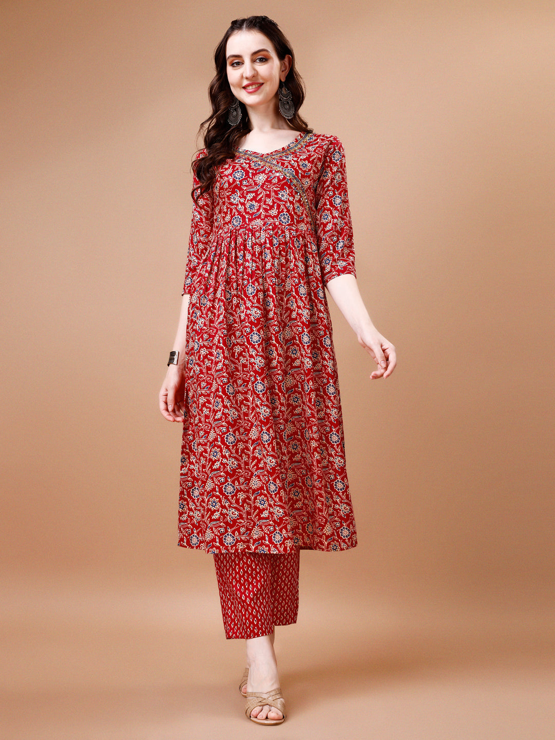 Mirror Embroidered Angrakha Style Printed & Flared Anarkali Kurta With Pant & Dupatta Set, Multicolor - Hiral Fashion