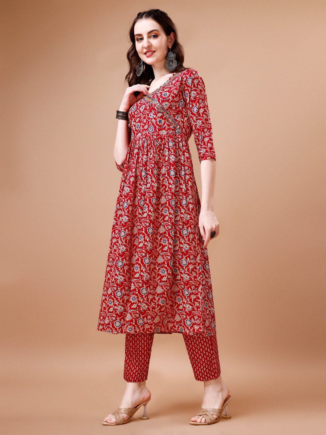 Mirror Embroidered Angrakha Style Printed & Flared Anarkali Kurta With Pant & Dupatta Set, Multicolor - Hiral Fashion