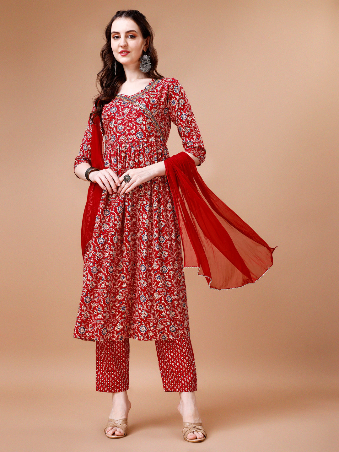 Mirror Embroidered Angrakha Style Printed & Flared Anarkali Kurta With Pant & Dupatta Set, Multicolor - Hiral Fashion