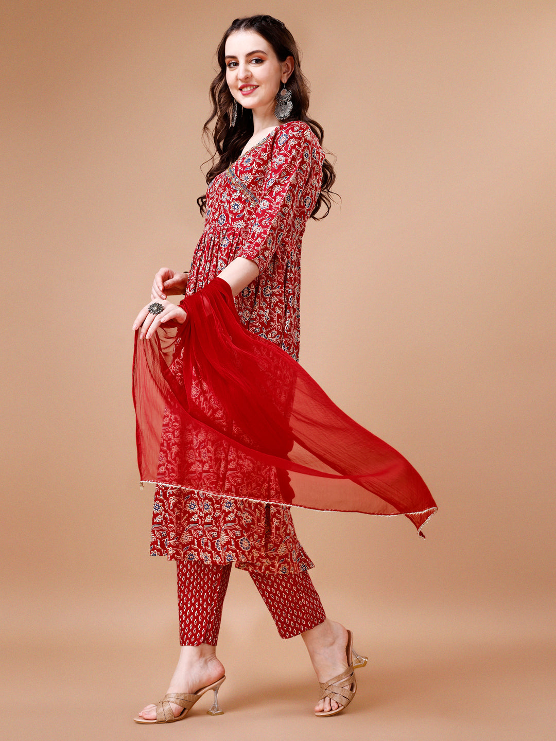 Mirror Embroidered Angrakha Style Printed & Flared Anarkali Kurta With Pant & Dupatta Set, Multicolor - Hiral Fashion