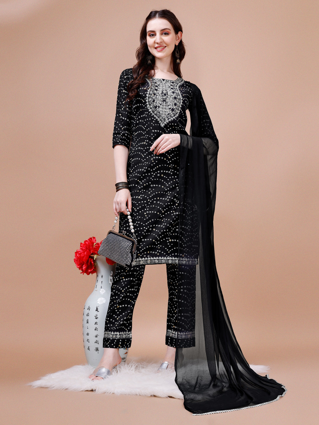 Embroidered & Bandhani Printed Kurta With Pant & Dupatta, Multicolor - Hiral Fashion