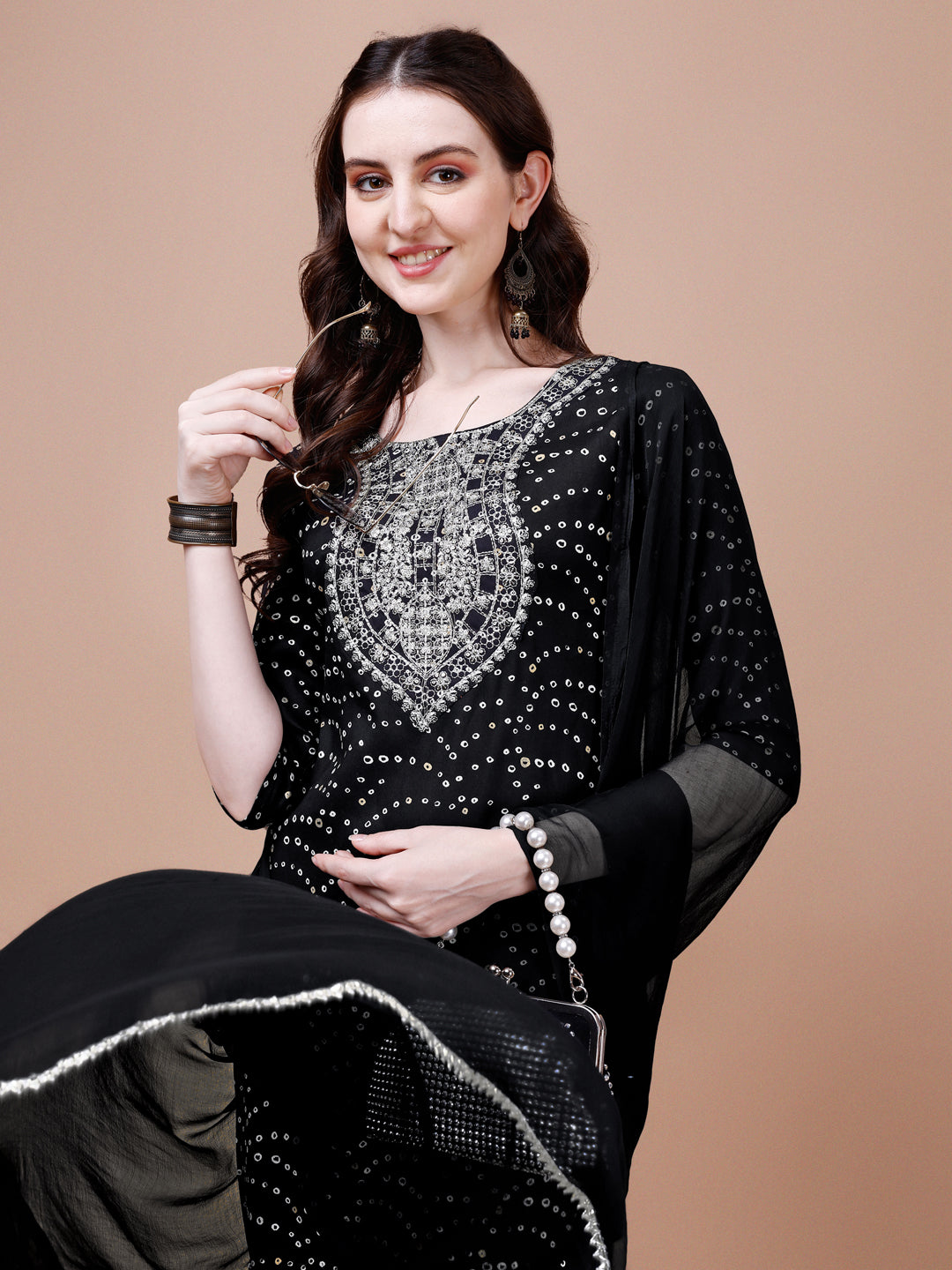 Embroidered & Bandhani Printed Kurta With Pant & Dupatta, Multicolor - Hiral Fashion