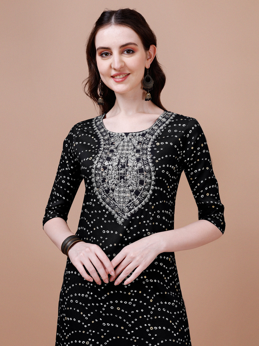 Embroidered & Bandhani Printed Kurta With Pant & Dupatta, Multicolor - Hiral Fashion