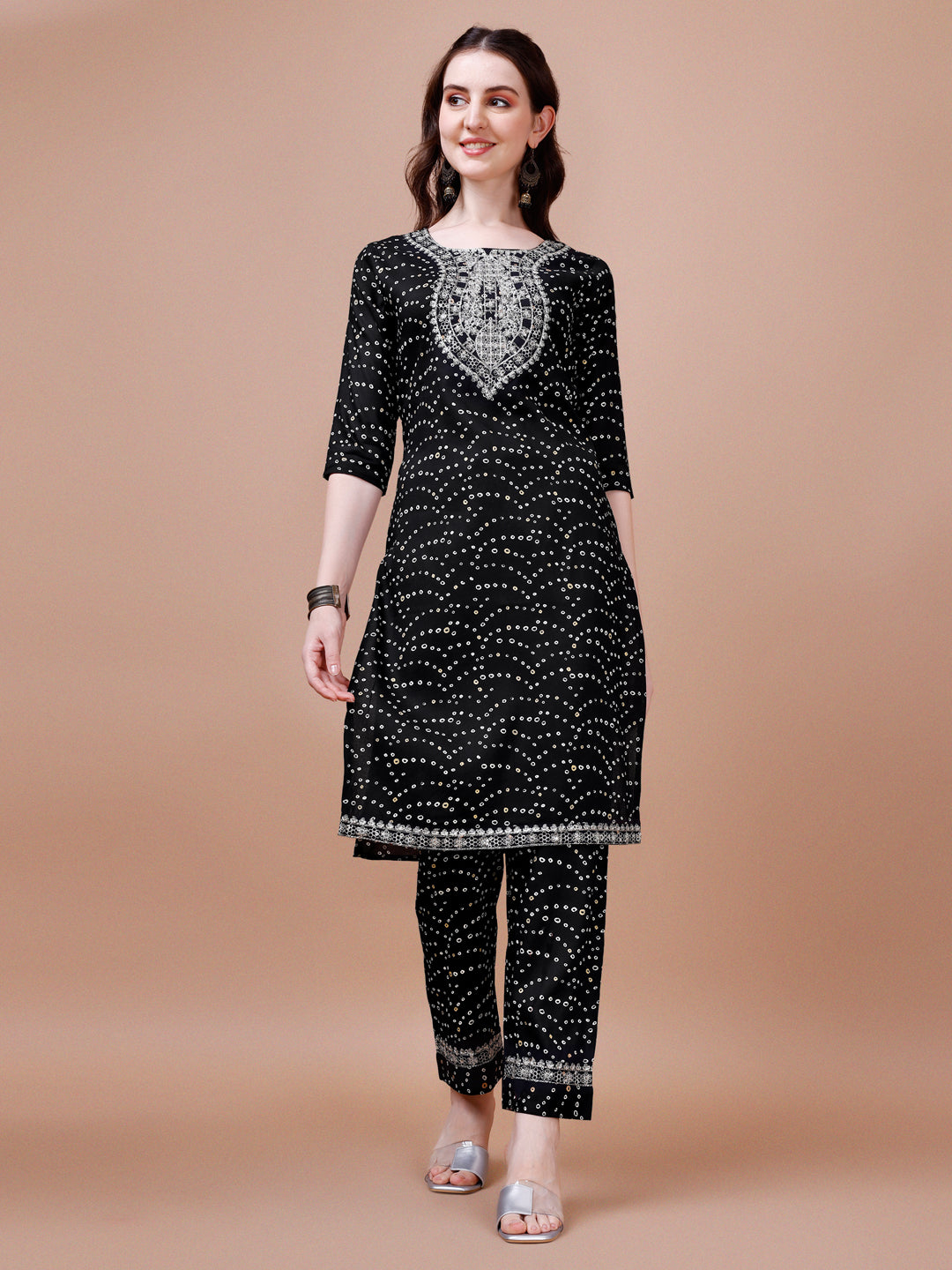 Embroidered & Bandhani Printed Kurta With Pant & Dupatta, Multicolor - Hiral Fashion