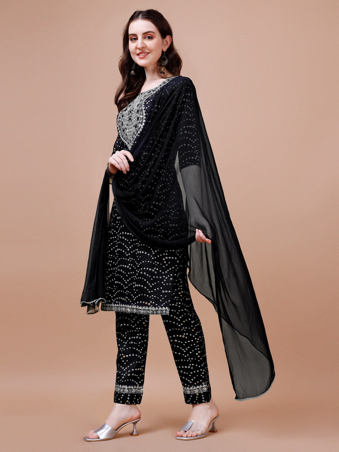 Embroidered & Bandhani Printed Kurta With Pant & Dupatta, Multicolor - Hiral Fashion