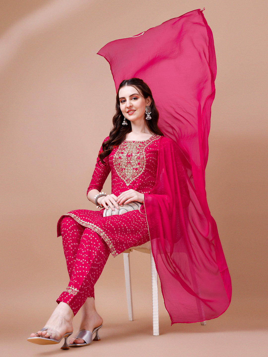 Embroidered & Bandhani Printed Kurta With Pant & Dupatta, Multicolor - Hiral Fashion