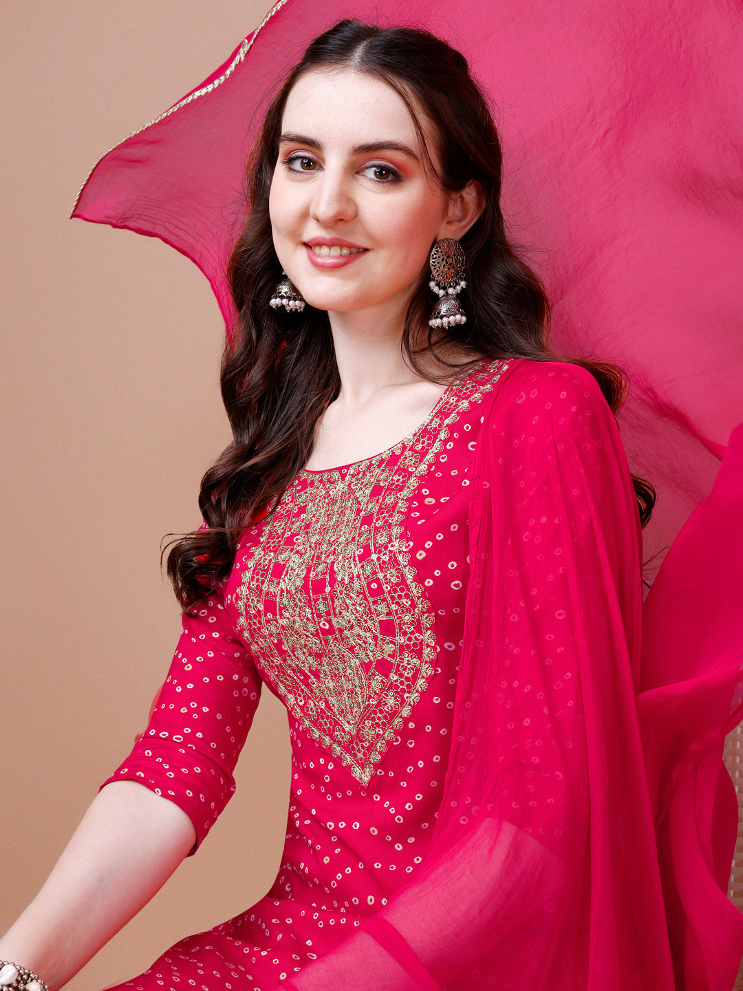 Embroidered & Bandhani Printed Kurta With Pant & Dupatta, Multicolor - Hiral Fashion