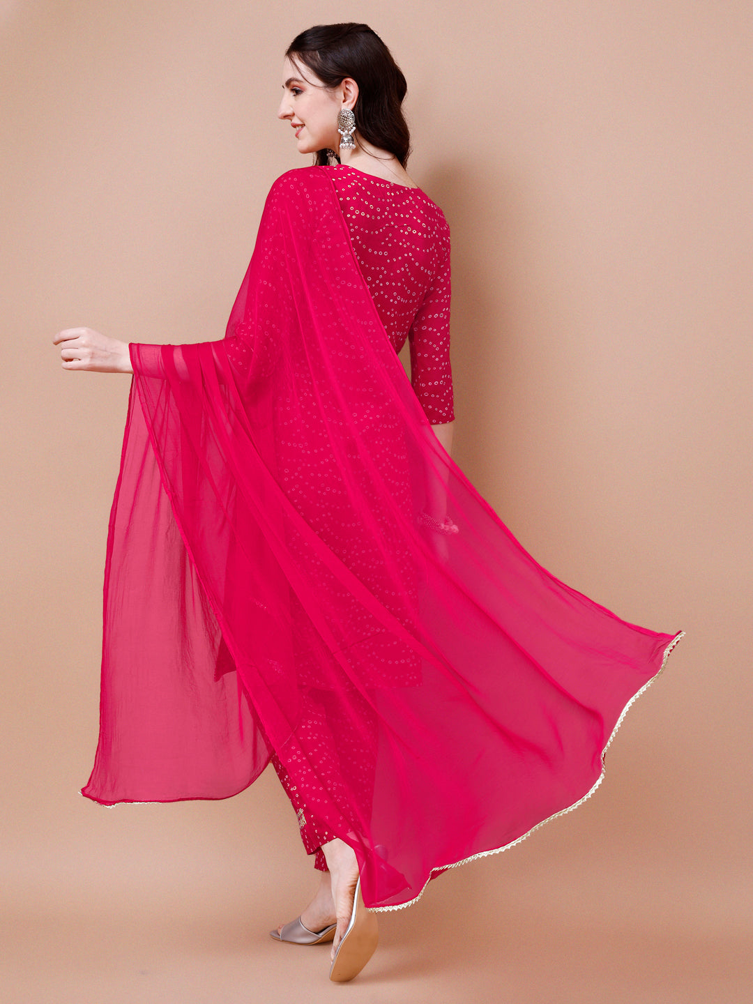 Embroidered & Bandhani Printed Kurta With Pant & Dupatta, Multicolor - Hiral Fashion