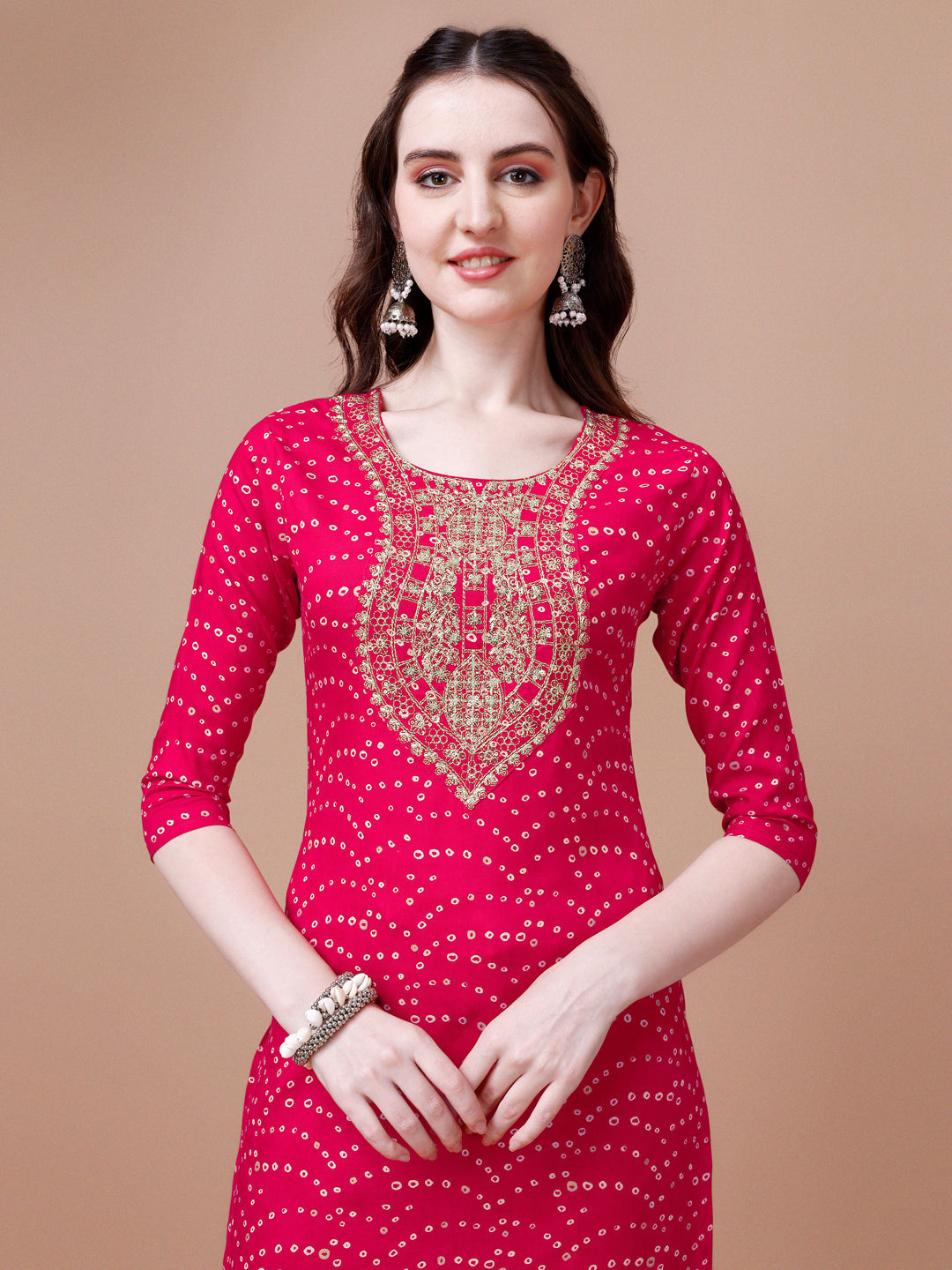 Embroidered & Bandhani Printed Kurta With Pant & Dupatta, Multicolor - Hiral Fashion