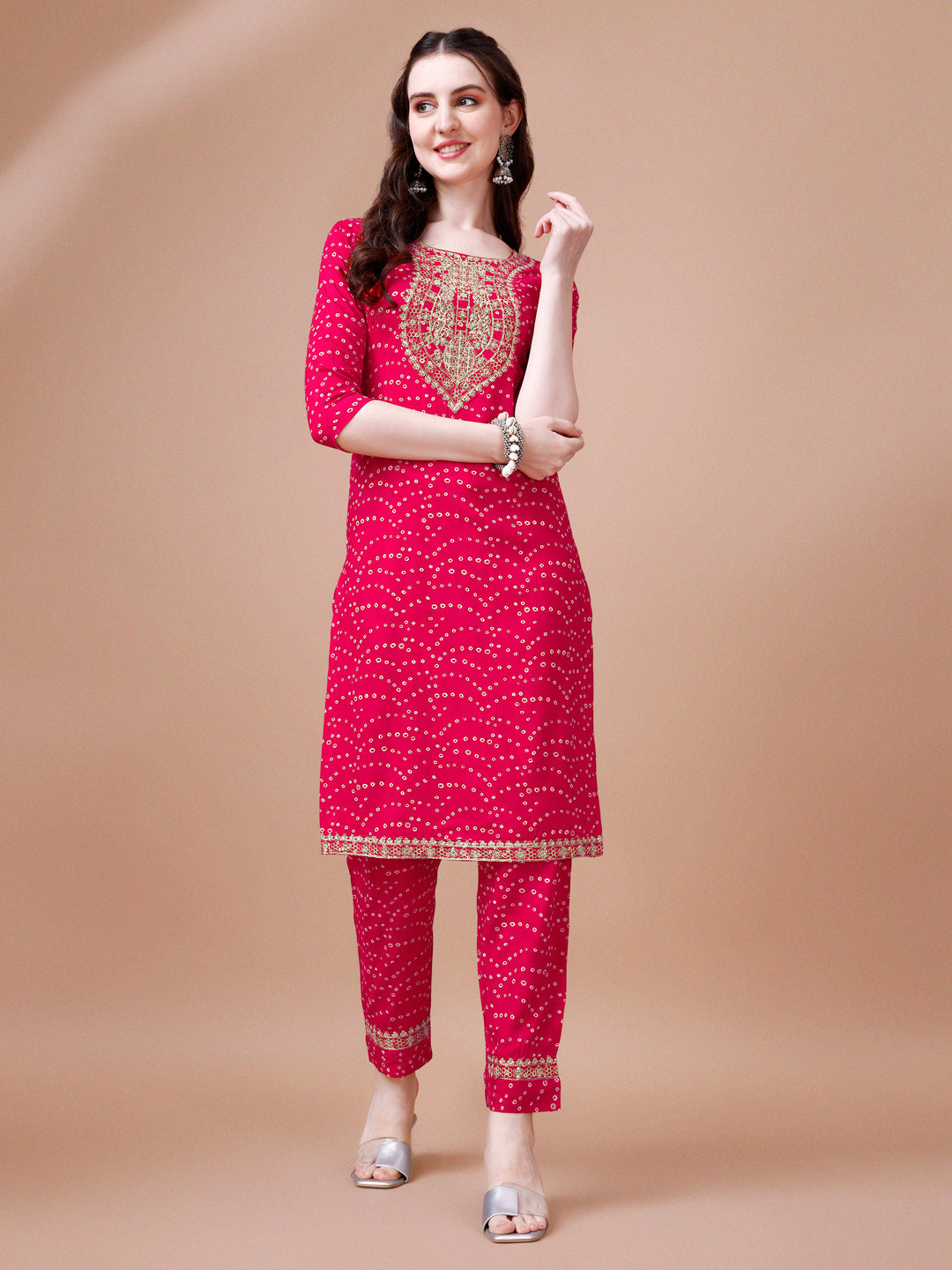 Embroidered & Bandhani Printed Kurta With Pant & Dupatta, Multicolor - Hiral Fashion