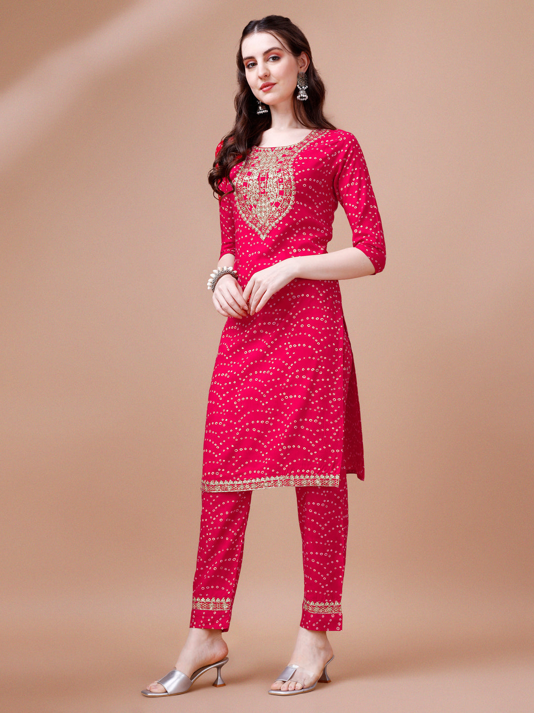 Embroidered & Bandhani Printed Kurta With Pant & Dupatta, Multicolor - Hiral Fashion