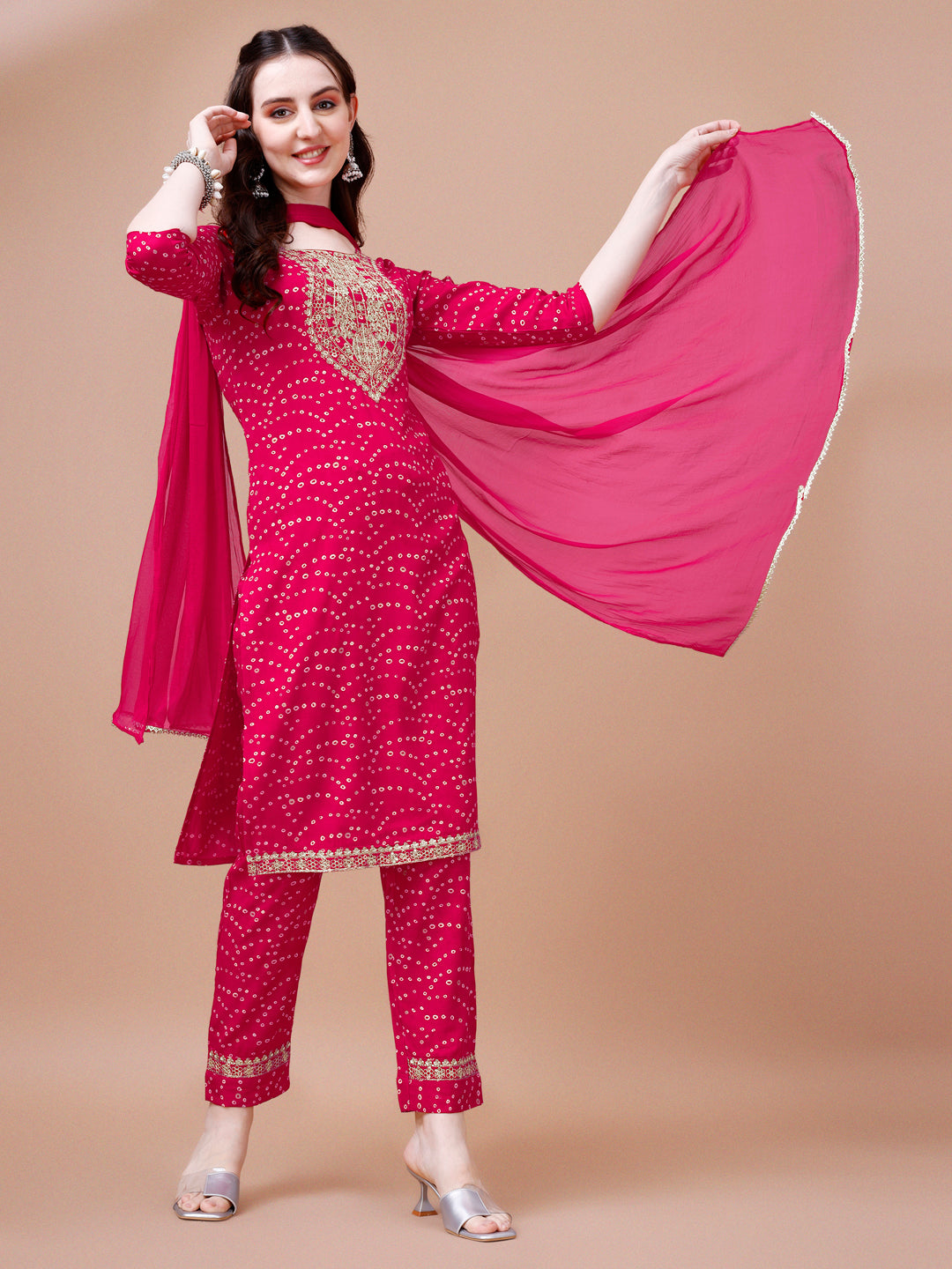 Embroidered & Bandhani Printed Kurta With Pant & Dupatta, Multicolor - Hiral Fashion
