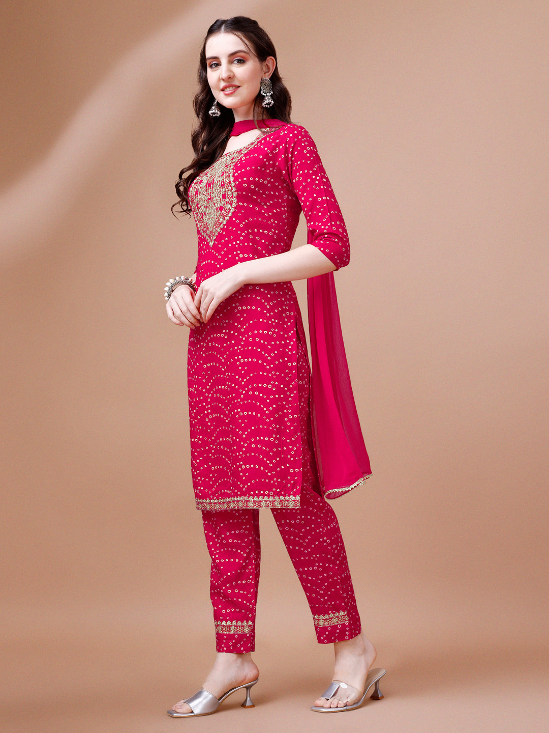 Embroidered & Bandhani Printed Kurta With Pant & Dupatta, Multicolor - Hiral Fashion