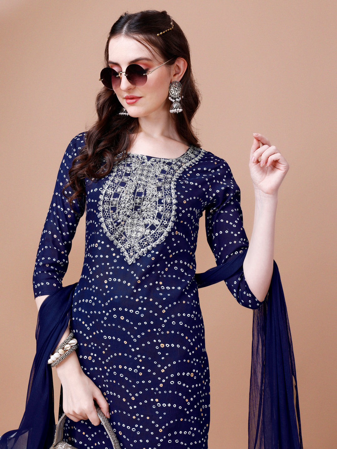 Embroidered & Bandhani Printed Kurta With Pant & Dupatta, Multicolor - Hiral Fashion