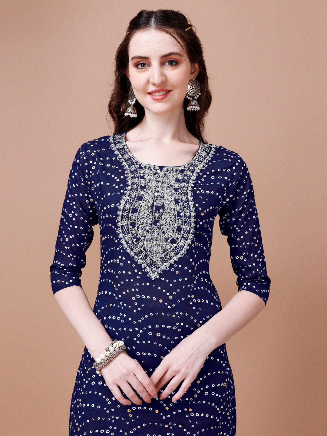 Embroidered & Bandhani Printed Kurta With Pant & Dupatta, Multicolor - Hiral Fashion
