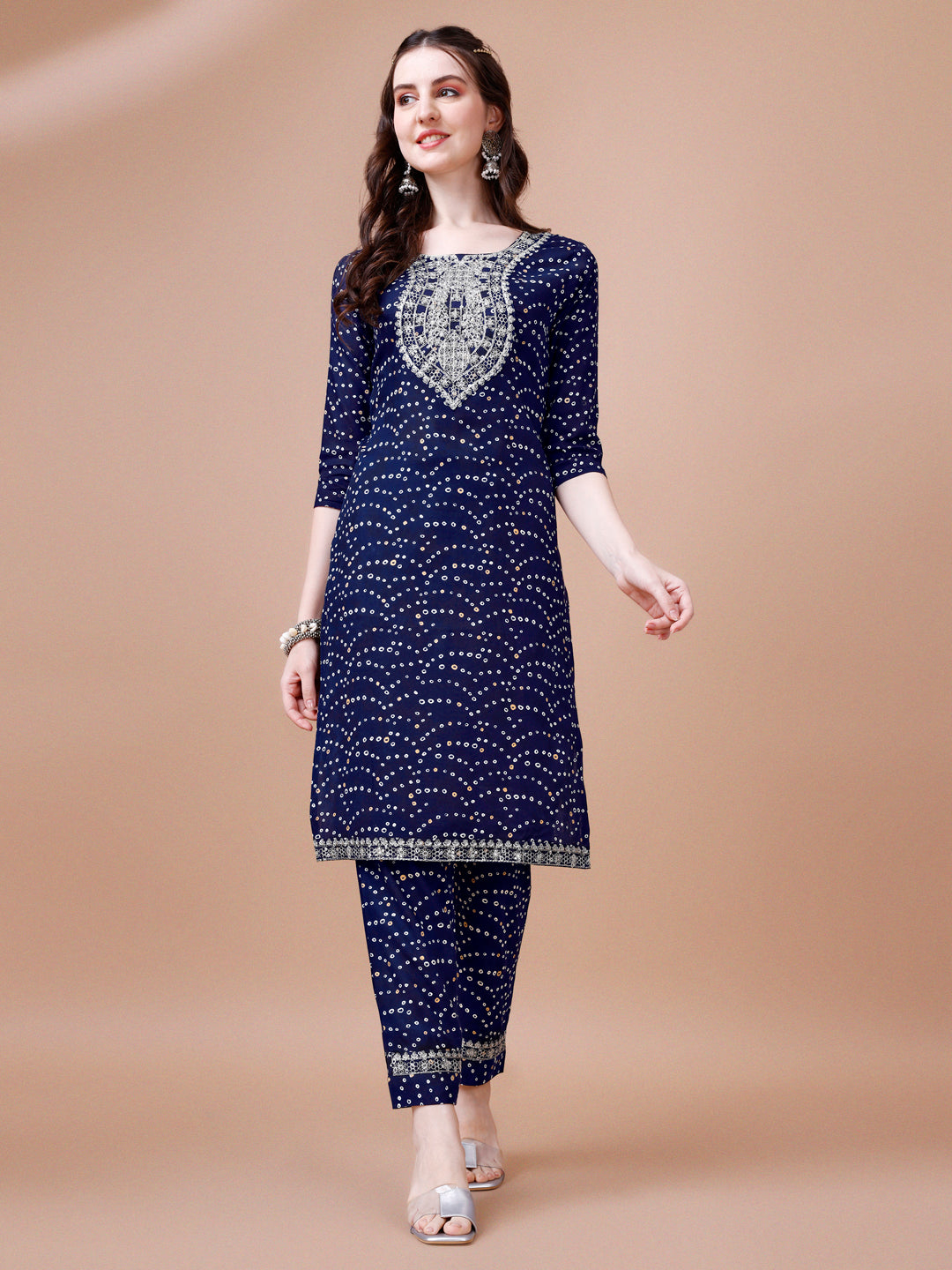 Embroidered & Bandhani Printed Kurta With Pant & Dupatta, Multicolor - Hiral Fashion