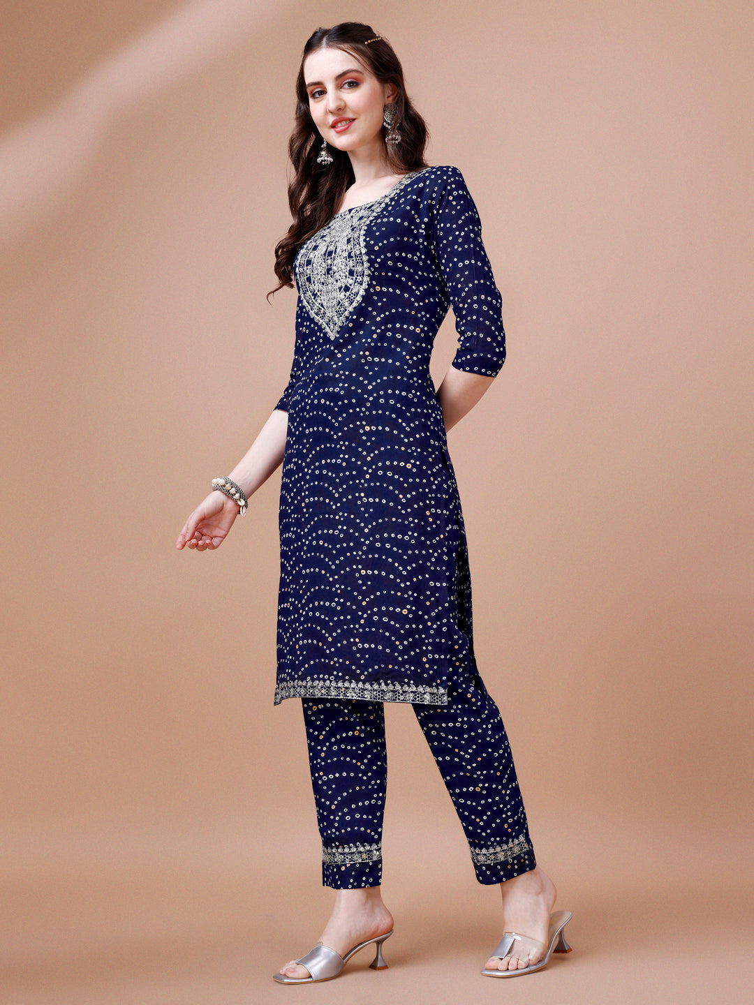 Embroidered & Bandhani Printed Kurta With Pant & Dupatta, Multicolor - Hiral Fashion