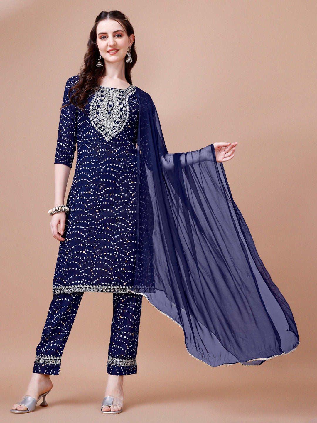 Embroidered & Bandhani Printed Kurta With Pant & Dupatta, Multicolor - Hiral Fashion