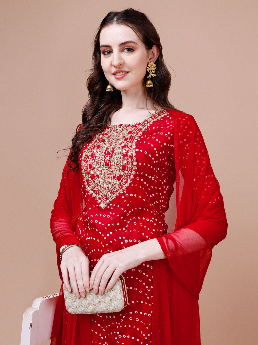 Embroidered & Bandhani Printed Kurta With Pant & Dupatta, Multicolor - Hiral Fashion