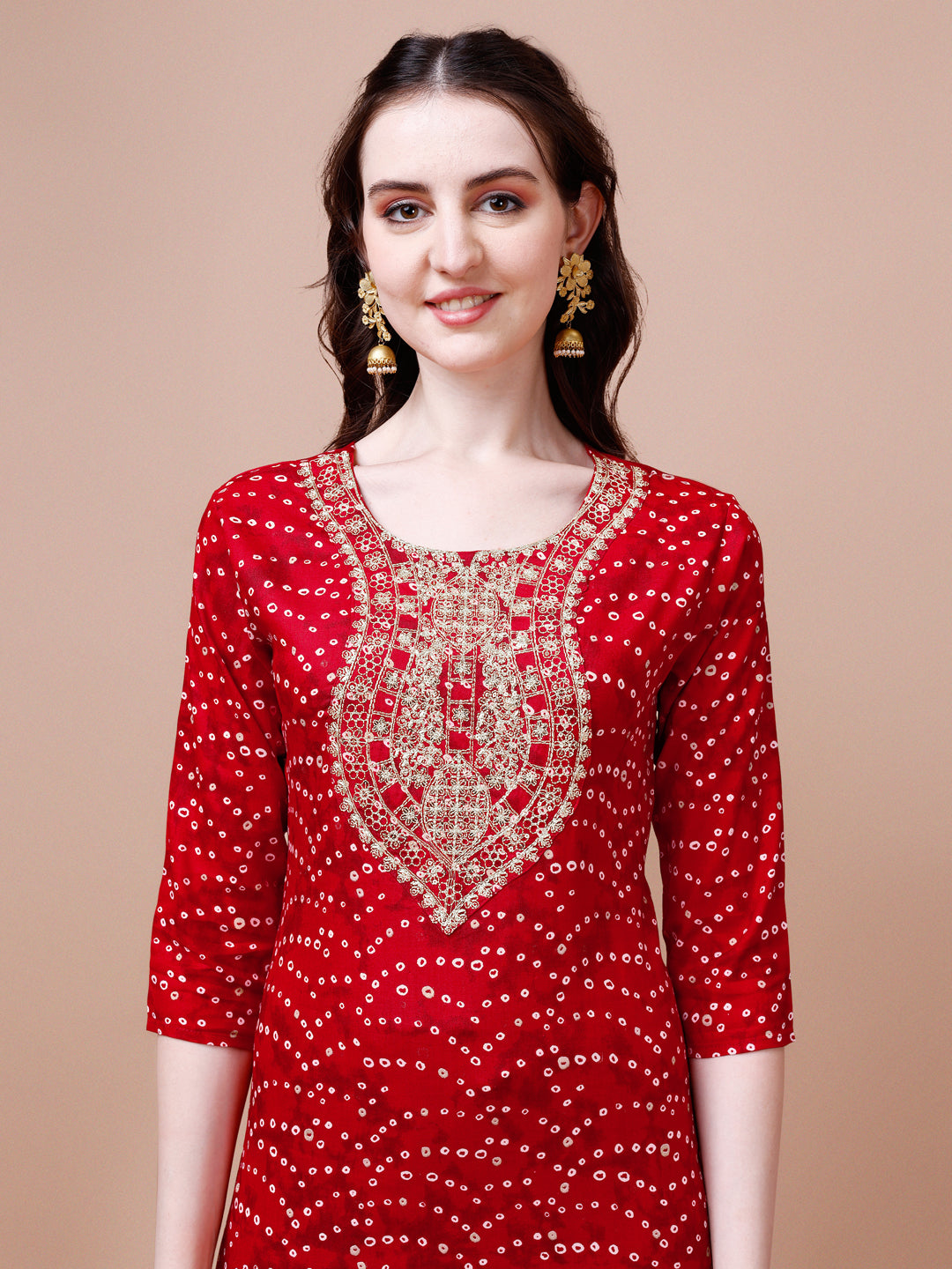 Embroidered & Bandhani Printed Kurta With Pant & Dupatta, Multicolor - Hiral Fashion
