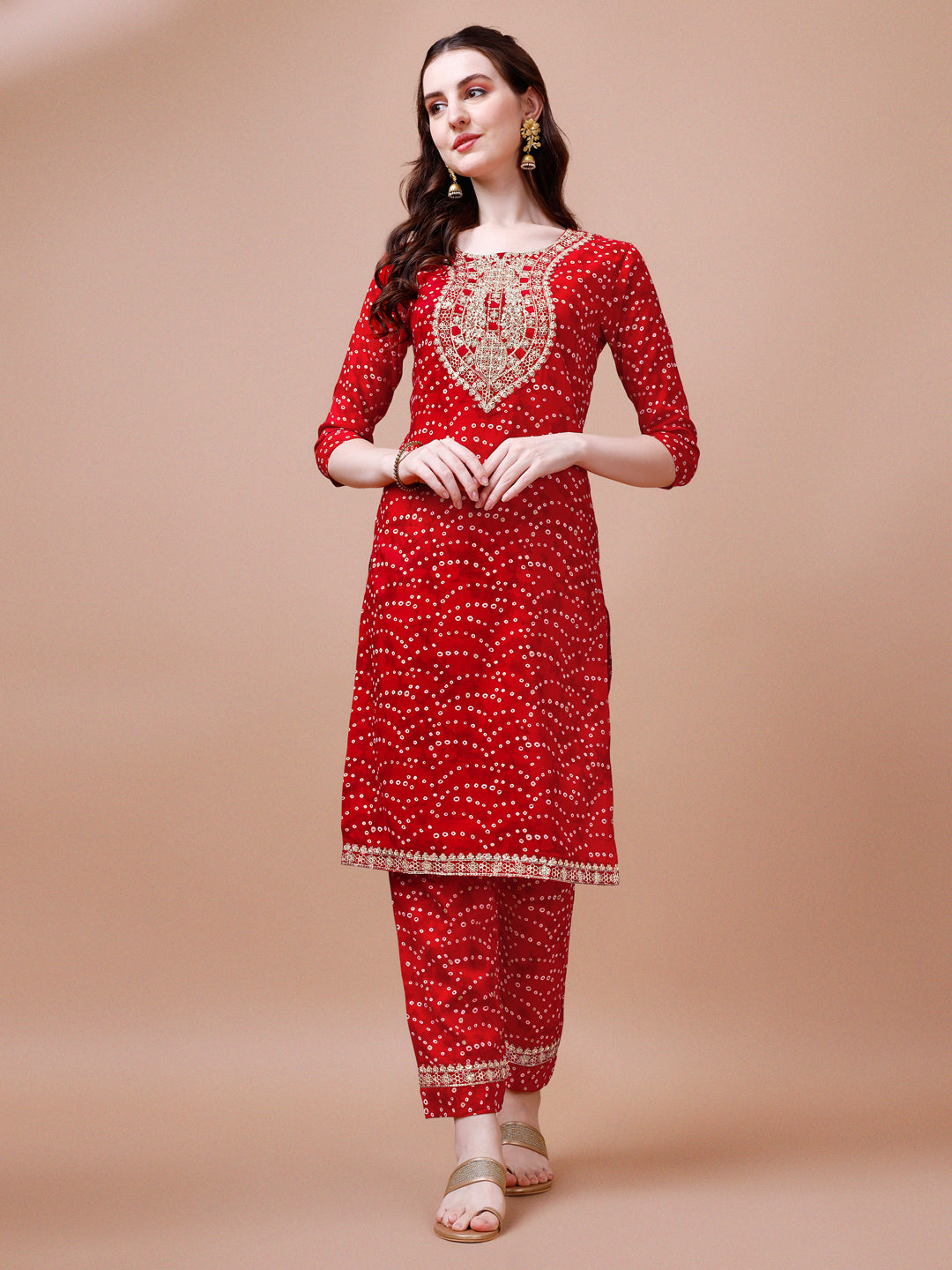 Embroidered & Bandhani Printed Kurta With Pant & Dupatta, Multicolor - Hiral Fashion
