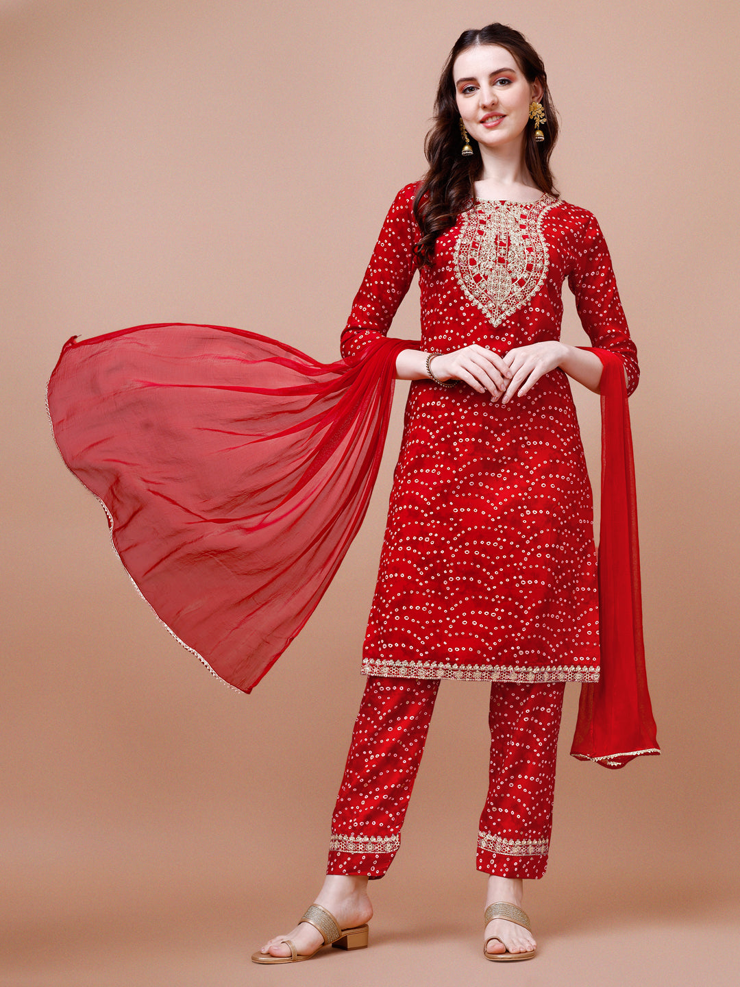 Embroidered & Bandhani Printed Kurta With Pant & Dupatta, Multicolor - Hiral Fashion