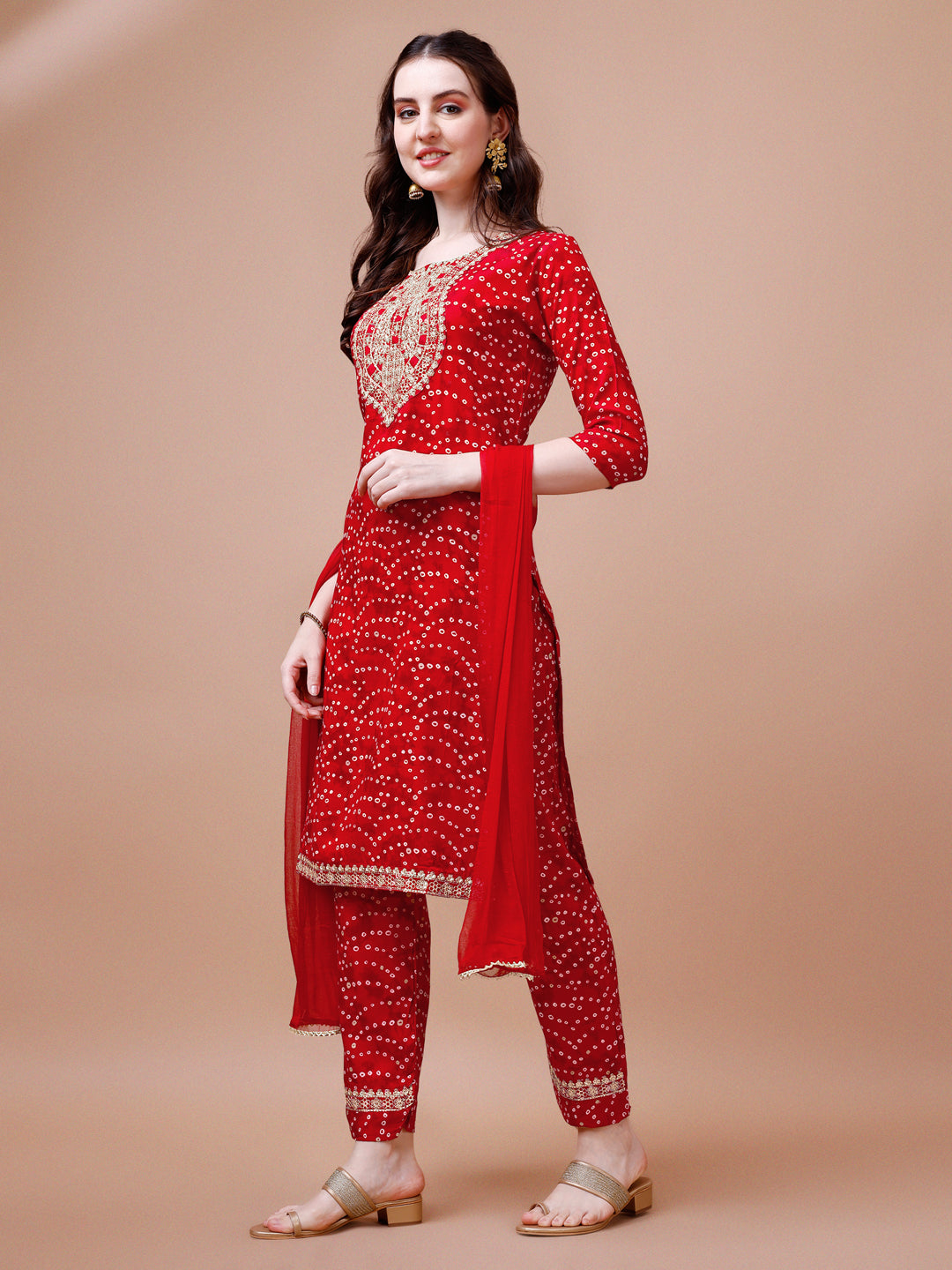 Embroidered & Bandhani Printed Kurta With Pant & Dupatta, Multicolor - Hiral Fashion