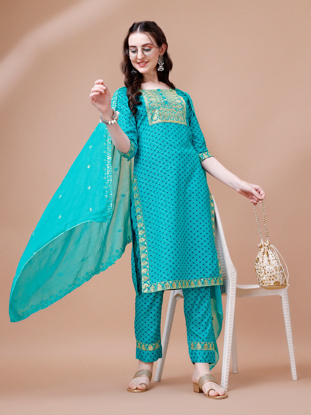 Embroidered & Quirky Printed Kurta With Pant & Dupatta, Multicolor - Hiral Fashion