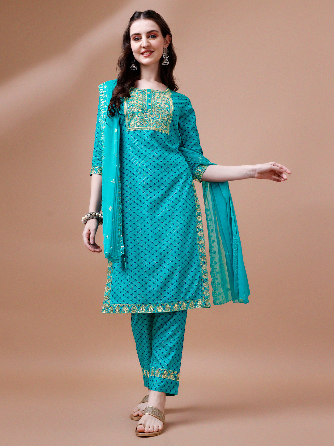 Embroidered & Quirky Printed Kurta With Pant & Dupatta, Multicolor - Hiral Fashion