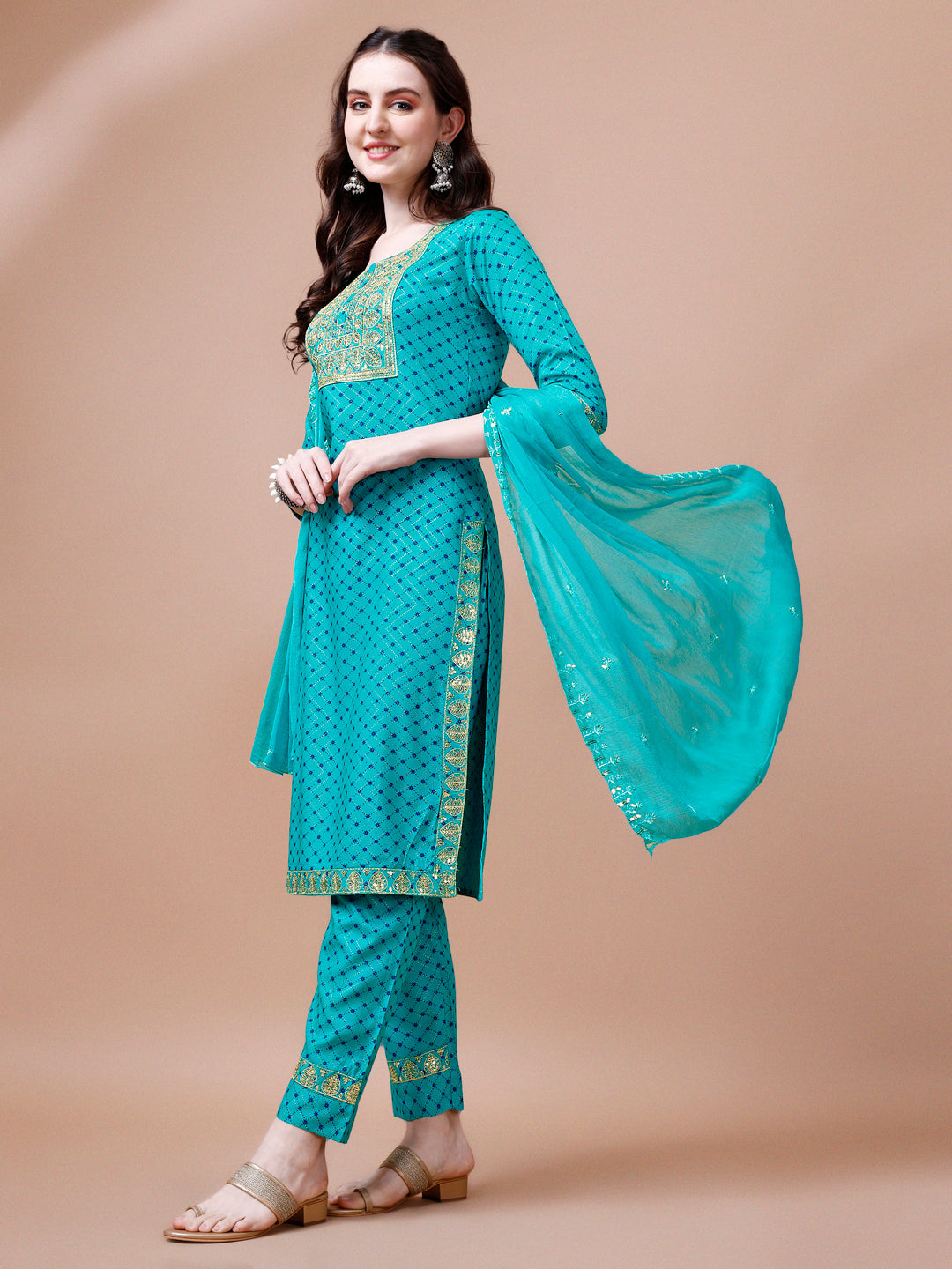 Embroidered & Quirky Printed Kurta With Pant & Dupatta, Multicolor - Hiral Fashion