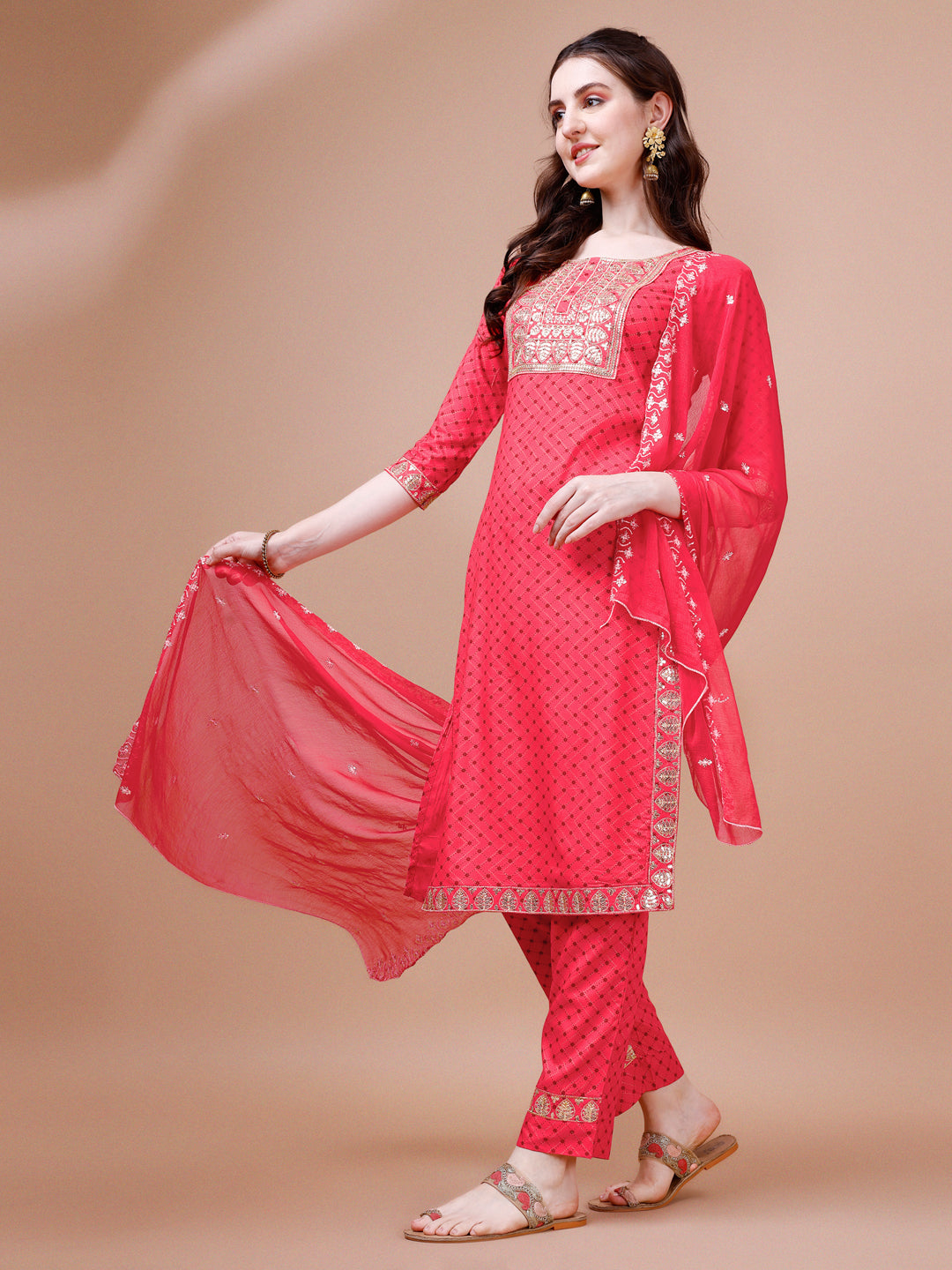 Embroidered & Quirky Printed Kurta With Pant & Dupatta, Multicolor - Hiral Fashion