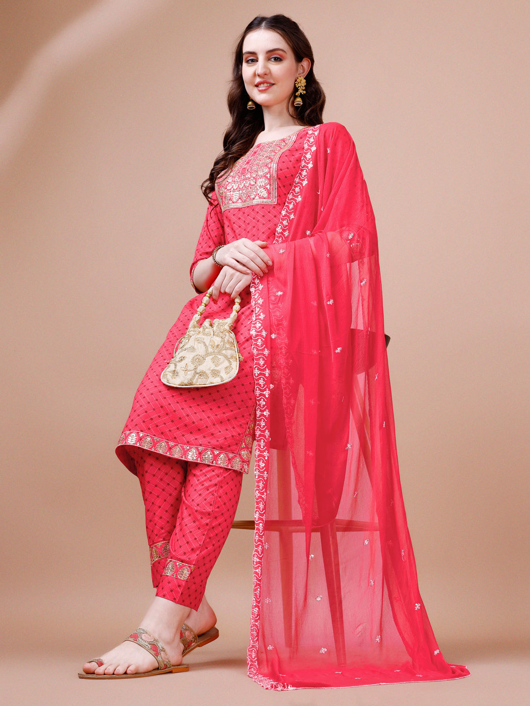 Embroidered & Quirky Printed Kurta With Pant & Dupatta, Multicolor - Hiral Fashion