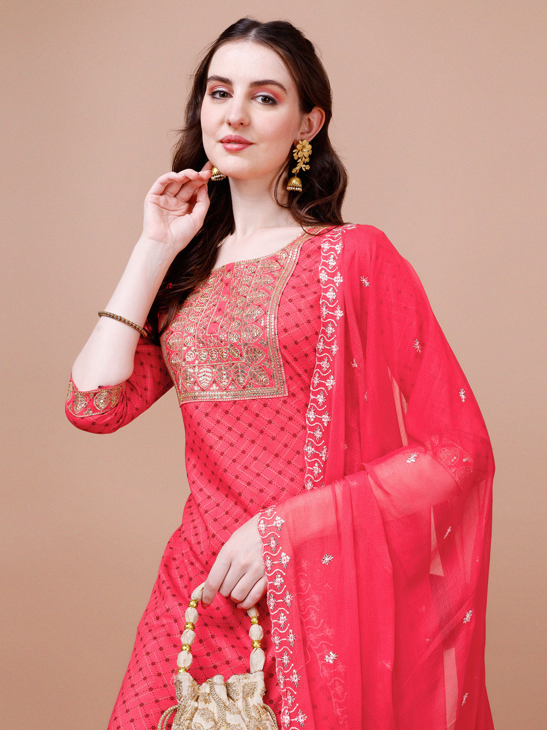 Embroidered & Quirky Printed Kurta With Pant & Dupatta, Multicolor - Hiral Fashion