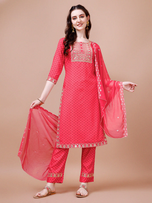 Embroidered & Quirky Printed Kurta With Pant & Dupatta, Multicolor - Hiral Fashion